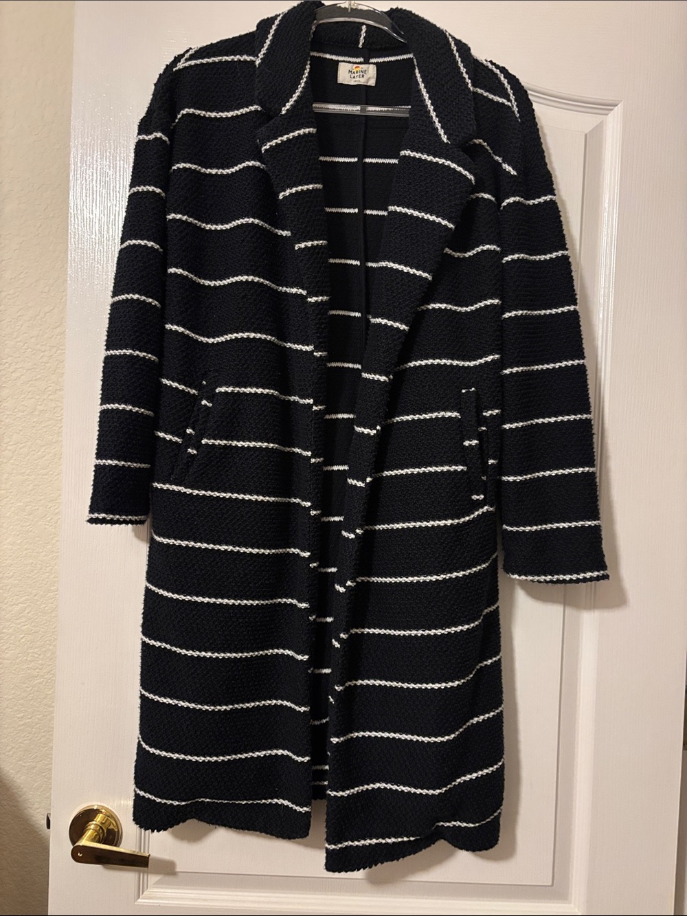 Marine Layer Coatigan in black and white stripe size small.